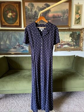 Vintage Navy Polka Dot Button-Front Maxi Dress